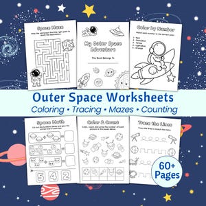 Könnte beinhalten: Eine Sammlung von Arbeitsblättern zum Thema Weltraum für Kinder. Enthält Malvorlagen, Labyrinthe, Nachverfolgungsaktivitäten und Zählübungen. Das Cover zeigt einen Astronauten, Raketen, Planeten und den Text "Outer Space Worksheets". Über 60 Seiten voller Aktivitäten.