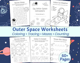 Activiteitenboek de ruimte: werkbladen kleuterschool, kleuterschool • Fijne motoriek, lijnen tekenen, vooraf schrijven • Astronaut, kleuren planeten