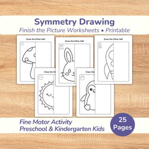 May include: A set of 25 printable symmetry drawing worksheets titled Symmetry Drawing Finish the Picture Worksheets. Each page features a black and white line drawing of half an object, including a mushroom, rabbit, rocket, sun, and penguin.