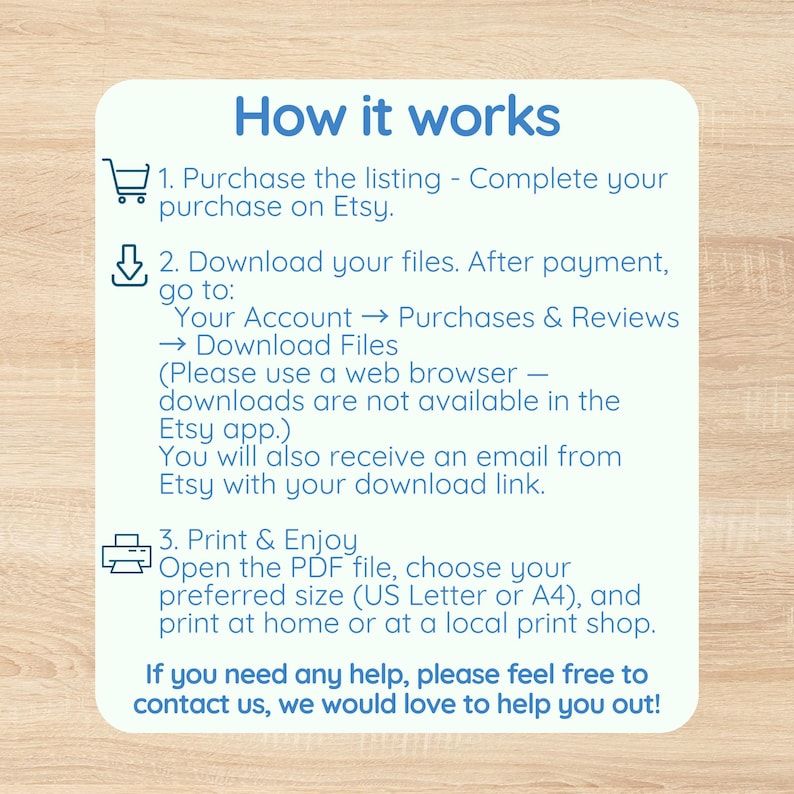 May include: A light blue and white infographic titled "How it works" with instructions for purchasing, downloading, and printing a digital product from Etsy. The text includes steps and size options.