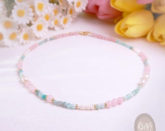 Rose Quartz and Amazonite Necklace, 18K Gold Gemstone Beads Layering Choker, Dainty Pearl Beaded Necklace, Coquette Jewelry, Gift for Her