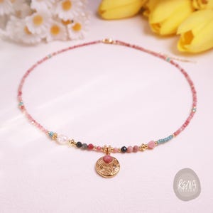 Dainty Rhodochrosite Turquoise Pearl Gemstone Beaded Minimalist Choker, Handmade Gemstone Beaded Necklace, Simple Boho Style Choker for Her