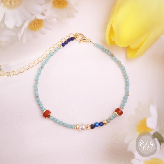 Dainty Turquoise Lapis Lazuli Red Jasper Gemstone Beaded Bracelet, Handmade Minimalist Boho Beads Bracelet, Healing Crystal Gift for Her