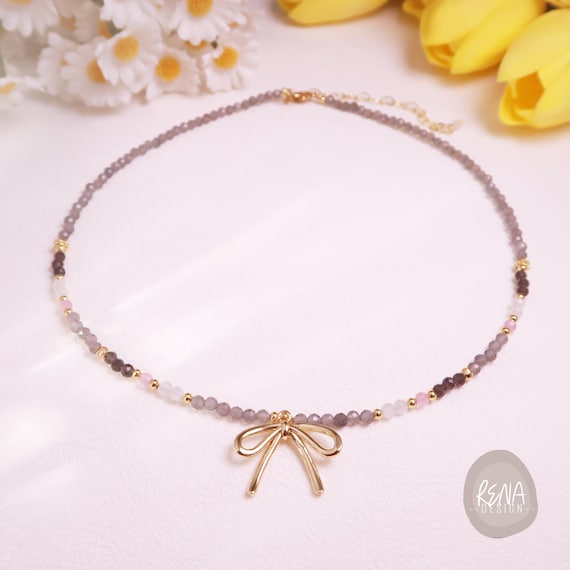 Handmade 18K Gold Bow Beaded Choker, Minimalist Dainty Tiny Cat's Eye & Obsidian Gemstone Beads Necklace, Simple Boho Style Brithday Gift