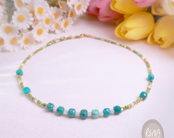 Dainty Turquoise Necklace, 18K Gold Blue Green Gemstone Beaded Choker, Mixed Bead Necklace, Statement Minimalist Jewelry Gift for Her or Him