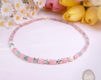 Dainty Pink Blue Necklace 18K Gold, Aquamarine Carnelian Beaded Necklace, Healing Minimalist Jewelry Gift for Her, Soft Girl Summer Choker