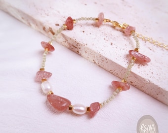 Elegant Strawberry Crystal Gemstone Beaded Bracelet, Handmade Minimalist Dainty Crystal Beads Bracelet, Healing Reiki Brithday Gift for Her