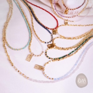 Custom Initial Birthstone Necklace, Dainty Personalized Necklace, Minimalist 18K Gold Gemstone Beaded Choker, Birthday Gift for Her or Him