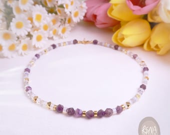 Amethyst Moonstone Necklace, Healing Crystal Beaded Necklace, Opalite Gemstone Choker, Spiritual Jewelry, Feminine Energy Gift for Her