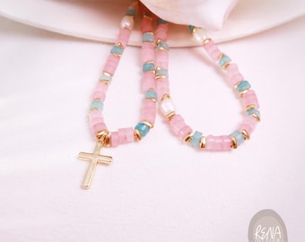 Dainty 18K Gold Cross Choker, Aquamarine Carnelian Gemstone Beaded Necklace, Minimalist Jewelry Gift for Her, Christian Faith Necklace