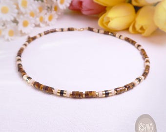 Tiger’s Eye Beaded Necklace, 18K Gold Gemstone Necklace, Fossil Jasper Obsidian Choker, Minimalist Neutral Jewelry, Unisex Healing Gift