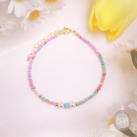 Dainty Turquoise Lepidolite Rhodonite Gemstone Minimalist Beads Bracelet, Handmade Healing Crystal Boho Bracelet, Inner Balance Gift for Her