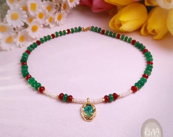 Dainty Christmas Necklace, 18K Gold Gemstone Beaded Choker, Handmade Minimalist Jewelry, Holiday Necklace, Spiritual Crystal Gift for Her