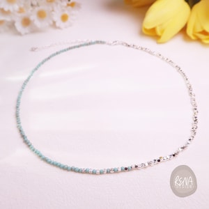 AAA+ Turquoise Silver Cube Beads Gems Beaded Minimalist Choker, Dainty Beaded Necklace, Handmade Healing Crystal Boho Choker for Her or Him