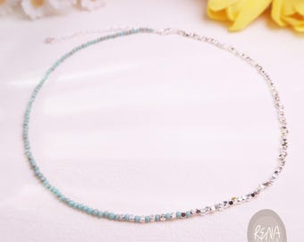 AAA+ Turquoise Silver Cube Beads Gems Beaded Minimalist Choker, Dainty Beaded Necklace, Handmade Healing Crystal Boho Choker for Her or Him