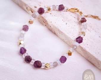 Amethyst Beaded 18K Gold Bracelet, Healing Moonstone Opalite Crystal Bracelet, Minimalist Spiritual Jewelry, Feminine Energy Gift for Her