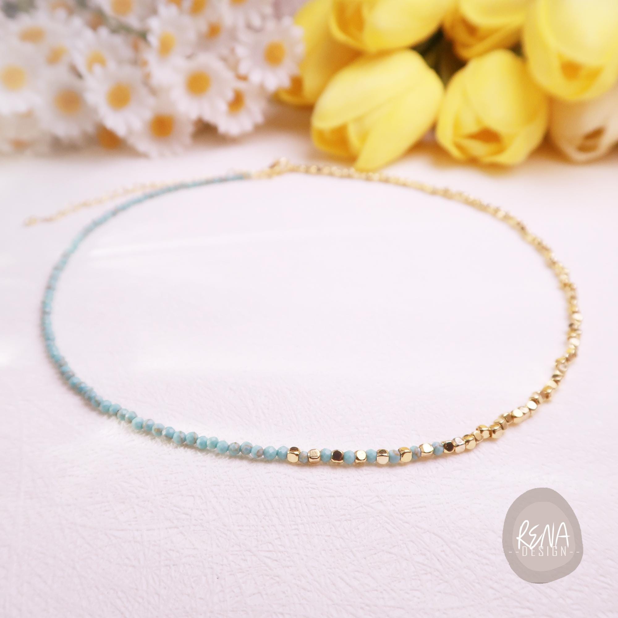 AAA+ Turquoise 18K Gold Cube Beads Gemstone Beaded Minimalist Choker, Dainty Beaded Necklace, Handmade Healing Crystal Boho Choker for Her
