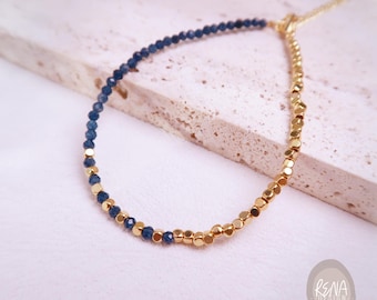 Dainty Sapphire Beaded Bracelet, September Birthstone 18K Gold Initial Bracelet, Handmade Minimalist Healing Jewelry, Birthday Gift for Her