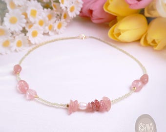 Strawberry Crystal Necklace, Gemstone 18K Gold Beaded Layering Choker, Handmade Minimalist Jewelry, Dainty Healing Necklace, Gift for Her