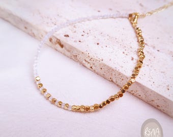 Opalite Beaded Bracelet, Custom Dainty October Birthstone Initial 18K Gold Bracelet, Healing Minimalist Gemstone Jewelry, Anniversary Gift