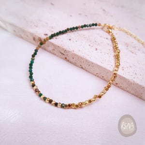 Personalized Emerald Beaded 18K Gold Bracelet, May Birthstone Stackable Bracelet with Initial Charm, Healing Minimalist Jewelry Gift for Her