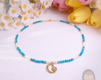 Blue Apatite 18K Gold Necklace, Dainty Handmade Gemstone Jewelry, Crescent Moon Charm, Minimalist Beaded Choker, Spiritual Gift for Her