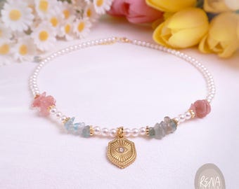 Dainty Pearl Evil Eye Necklace, Gemstone Beaded Choker with Pendant, Strawberry Crystal Apatite, Minimalist Inner Protection Jewelry Gift