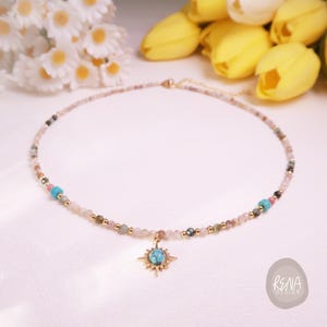 Boho Rhodochrosite Turquoise Labradorite Gemstone Beaded Minimalist 18K Gold Choker, Handmade Gemstone Necklace, Healing Meditation Gift