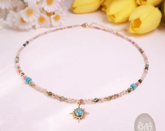 Boho Rhodochrosite Turquoise Labradorite Gemstone Beaded Minimalist Gold Filled Choker, Handmade Gemstone Necklace, Healing Meditation Gift