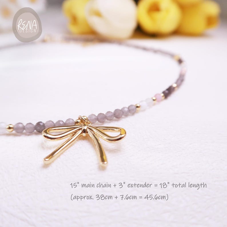 Collier ras-de-cou fait main en or 18 carats avec nœud et perles, orné de perles œil-de-chat et obsidienne, style bohème chic. Idée cadeau d'anniversaire. image 8