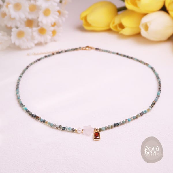 Dainty Turquoise & Rose Quartz Gemstone Beaded Minimalist Layered Necklace, Handmade Boho Gemstone Choker, Healing Meditation Protection