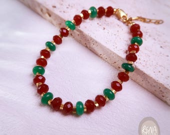 Christmas Gemstone 18K Gold Bracelet, Chalcedony Jade Beaded Bracelet, Dainty  Holiday Handmade Minimalist Jewelry, Spiritual Crystal Gift