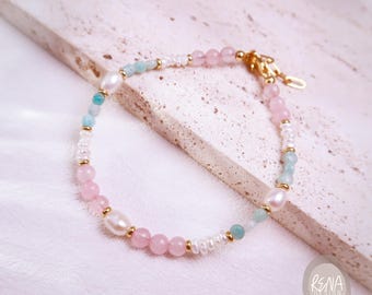 Dainty Rose Quartz and Amazonite Beaded Bracelet, Handmade Minimalist Gemstone Beads Bracelet, Healing Reiki Crystal Brithday Gift for Her