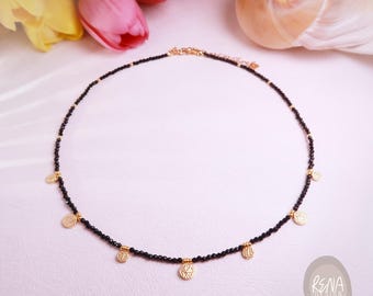 Black Spinel Beaded Choker, Genuine Gemstone Necklace, Dainty Crystal Necklace, Minimalist Protection Jewelry, Mother's Day Gift for Her