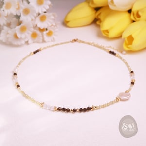 Romantic Citrine & Smoky Quartz Gems Beaded Minimalist Layered Necklace, Handmade Dainty Gemstone Choker, Healing Meditation Protection