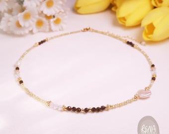 Romantic Citrine & Smoky Quartz Gems Beaded Minimalist Layered Necklace, Handmade Dainty Gemstone Choker, Healing Meditation Protection