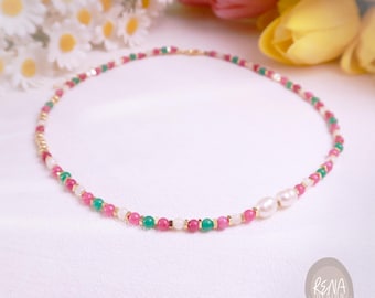 Dainty Colorful Summer Necklace, 18K Gold Gemstone Beaded Choker, Handmade Minimalist Jewelry, Healing Coquette Necklace, Gift for Her