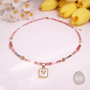 Boho Rainbow Rhodochrosite Turquoise MOP Crystal Gemstone Beaded Minimalist Choker, Handmade Gemstone Necklace, Simple Boho Style Choker