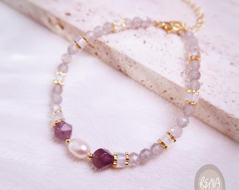 Amethyst Beaded 18K Gold Bracelet, Healing Moonstone Opalite Crystal Bracelet, Minimalist Spiritual Jewelry, Feminine Energy Gift for Her