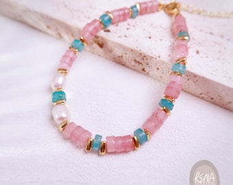 Dainty 18K Gold Beaded Bracelet, Aquamarine Carnelian Gemstone Beads Bracelet, Minimalist Summer Jewelry Gift for Her, Mother's Day Gift