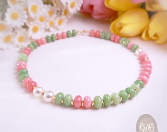 Dainty Colorful Spring Necklace, 18K Gold Handmade Gemstone, Candy Color Chunky Beaded Choker, Coquette Balance Playful Jewelry Gift for Her