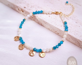 Apatite 18K Gold Charm Bracelet, Dainty Minimalist Gemstone Beaded Bracelet, Ocean Inspired Bracelet, Summer Beach Jewelry Gift for Her