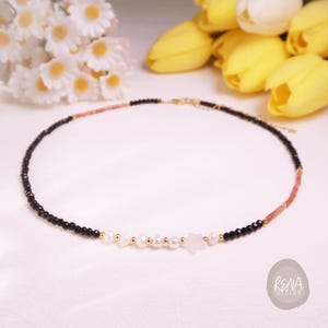 Dainty Pink Aventurine & Black Obsidian Pearl Minimalist Beaded Choker, Gemstone Beaded Necklace, Handmade Beaded Choker, Birthday Gift