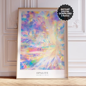 Può includere: Una stampa incorniciata con un design astratto di opale con una miscela di colori iridescenti, tra cui rosa, giallo e blu. La stampa ha il testo "OPALITE VOLUME 12 NO 03" in basso. Un adesivo nero in alto a destra dice "INSTANT DIGITAL DOWNLOAD 5 Ratios".