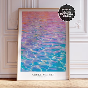 Puede incluir: Impresión artística enmarcada que presenta una imagen abstracta vibrante de agua con reflejos coloridos en tonos rosa, morado y azul. El texto "CRUEL SUMMER VOLUME 07 NO 03" está en la parte inferior. Incluye una descarga digital con 5 proporciones.