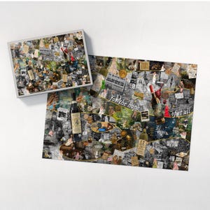 Peut inclure: Un puzzle avec un design de collage comprenant des bouteilles de vin, des coupures de journaux et diverses images. La bo&icirc;te du puzzle est visible, affichant une version plus petite du puzzle termin&eacute;. Le texte sur le puzzle se lit "for the hope of it all."