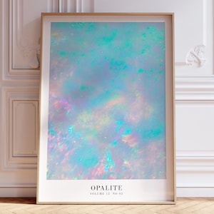 Könnte beinhalten: Ein gerahmter Kunstdruck mit einem abstrakten Opalit-Design in Blau, Türkis, Rosa und Gelb. Das Kunstwerk hat eine weiche, ätherische Qualität. Der Text "OPALITE VOLUME 12 NO 03" ist unten aufgedruckt.