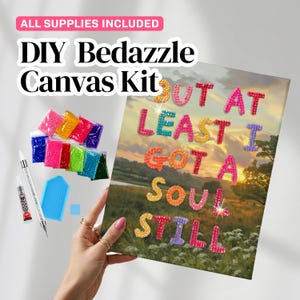 May include: A DIY bedazzle canvas kit featuring a landscape print with the text BUT AT LEAST I GOT A SOUL STILL spelled out in colorful rhinestones. Includes small bags of assorted colored beads, a rhinestone applicator tool, and glue.