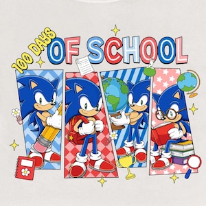 May include: White sweatshirt with a colourful graphic of Sonic the Hedgehog celebrating "100 Days of School." The design includes Sonic with school supplies and a globe. The text is in blue and red.