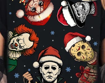 May include: Black t-shirt featuring horror movie characters wearing Santa hats. The design includes Chucky, Freddy Krueger, Pennywise, Jason Voorhees, and Michael Myers, with snowflake accents.